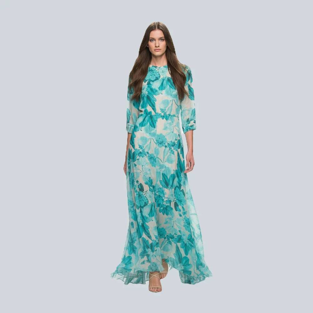 NEW MAISON ZOULIAS aphrodite long silk maxi dress in aqua floral